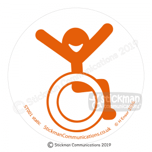 Image show a clear, circular sticker with a smiling stickman in a wheelchair with arms raised in the air with joy - in orange
