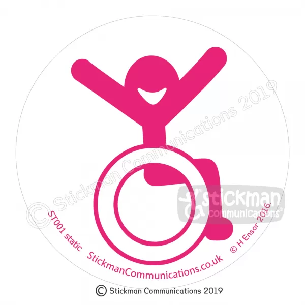 Image show a clear, circular sticker with a smiling stickman in a wheelchair with arms raised in the air with joy - in pink