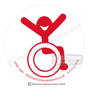 Image show a clear, circular sticker with a smiling stickman in a wheelchair with arms raised in the air with joy - in red