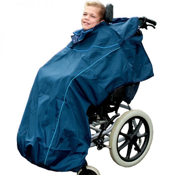 Disabled girl wearing Seenin total waterproof wheelchair cover