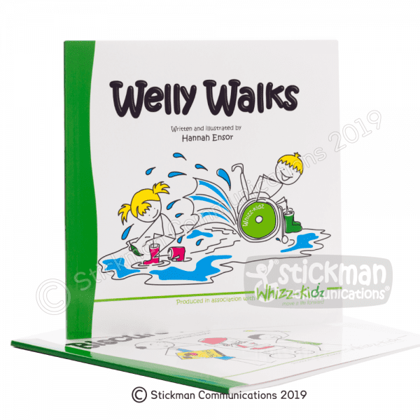 Welly Walks bookwith stickman illustrations of a blonde-haired girl and a boy with a yellow hat in a wheelchair splashing together in a puddle