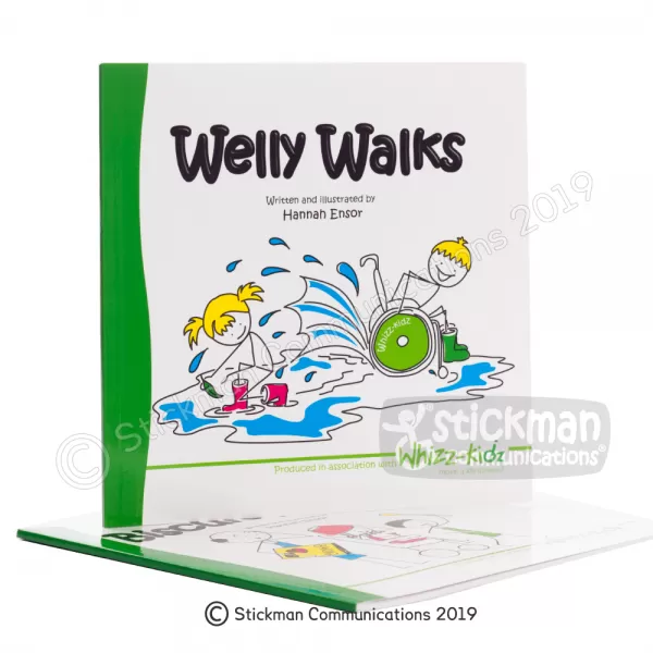 Welly Walks bookwith stickman illustrations of a blonde-haired girl and a boy with a yellow hat in a wheelchair splashing together in a puddle