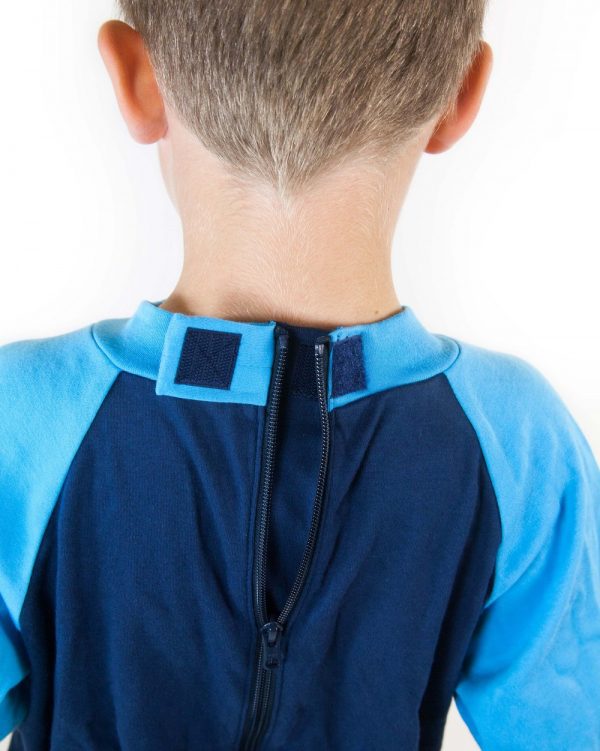 Hidden zip on the back of Seenin children's turquoise and navy sleepsuit
