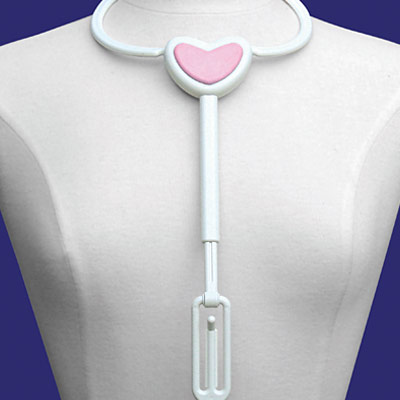 Bra Angle dressing aid around the neck and hanging down the front of a dummy