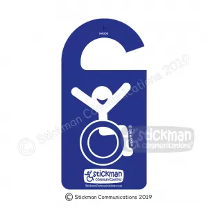 Image shows a hanger for a car rearview mirror, in blue with a smiling stickman, arms raised joyfully in the air.