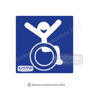 Happy Accessibility disabled sign vinyl sticker - image shows a blue square with a smiling stickman in wheelchair with arms raised joyfully in the air