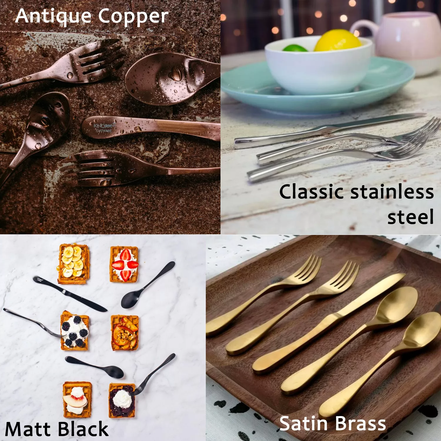 Image is a collage of photographs, each one illustrating the colour and look of each of the different finishes of Knork, including Antique Cooper, Classic stainless steel, Matt black and Satin Brass