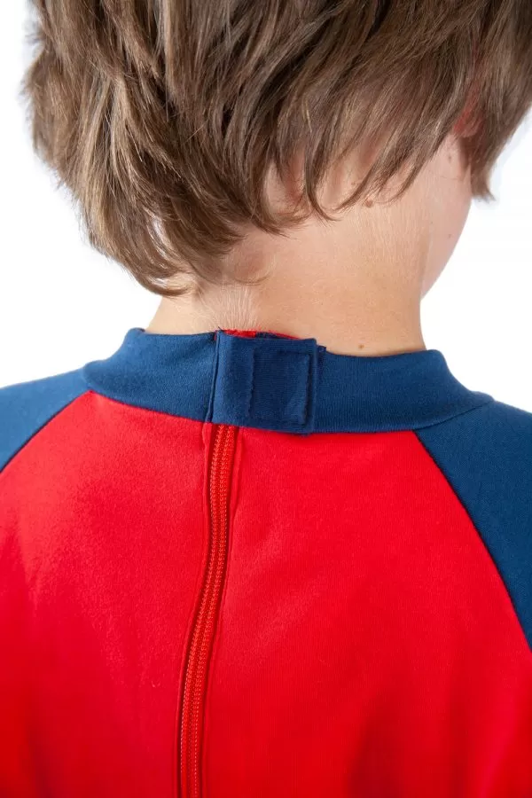 Hidden zip on the back of Seenin children's red and navy sleepsuit