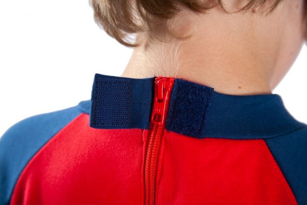 Hidden zip fastening on the back of Seenin children's red and navy sleepsuit