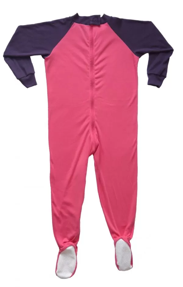 Front of Seenin children's pink and plum zip sleepsuit