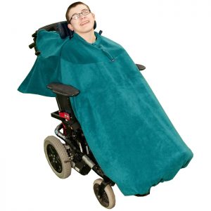 Disabled man wearing teal Seenin total fleece wheelchair cover