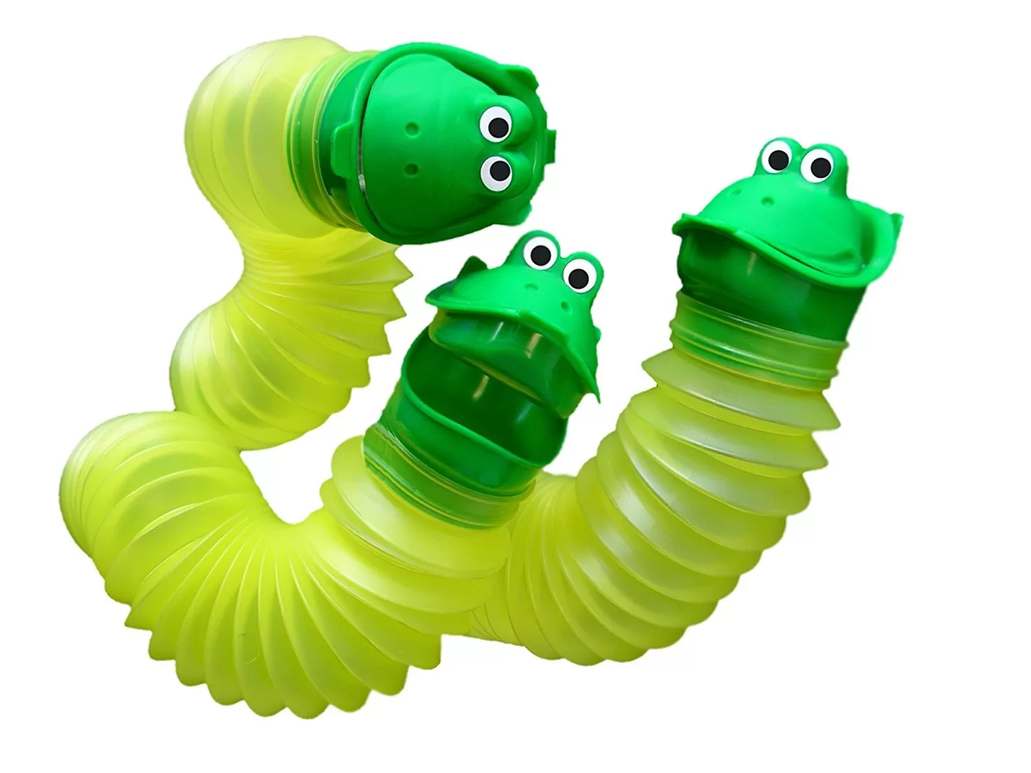 Image is a photograph of 3 Happy Pees expanded and twisted to show the flexible, concertina shape