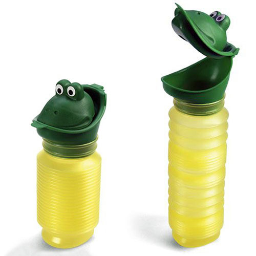 Two yellow, frog-faced Happy Pees on a white background, with one Happy Pee compressed and small, the other expanded with the lid open