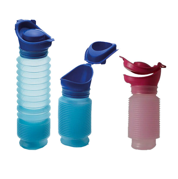 Image is a photograph of three Uriwell portable urinals, two in blue, one in pink