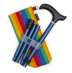 navy stick folded on top of the rainbow bag