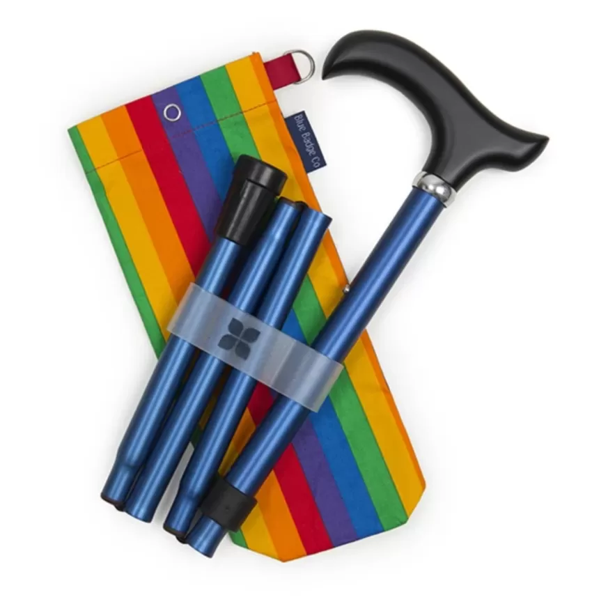 navy stick folded on top of the rainbow bag