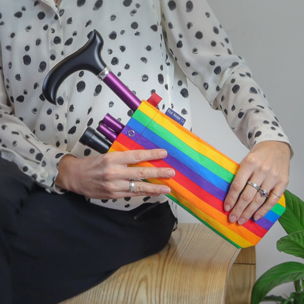 Woman holding the rainbow bag with a stick inside.