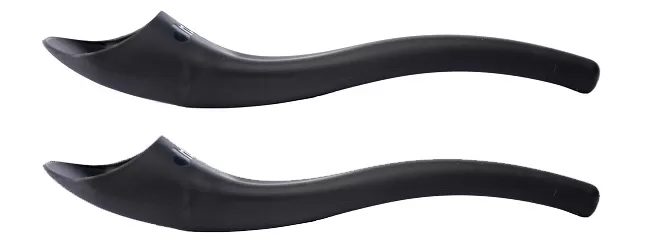 Image is a photograph of two black standard-sized S'up Spoons on a white background