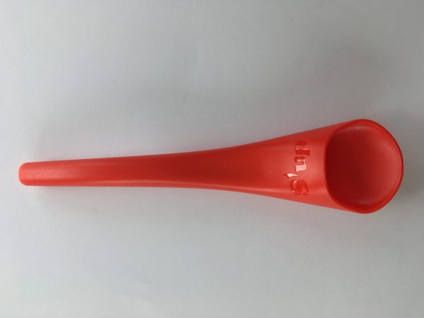Image is a photograph of a red, S'up Spoon Mini