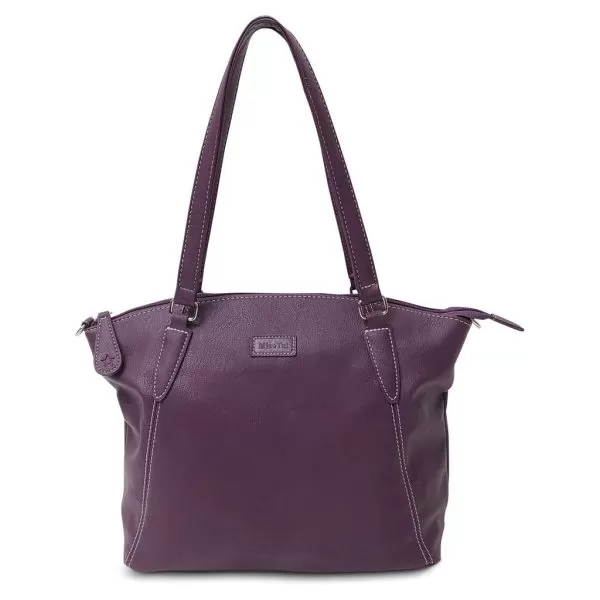 Image is a photograph of the Samantha Renke bag in a deep aubergine colour, on a white background