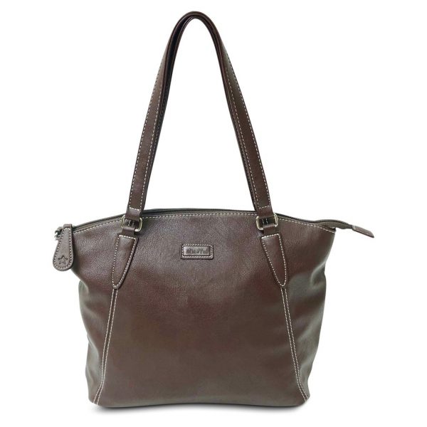 Image is a photograph of the Samantha Renke bag in a rich chocolate colour, on a white background