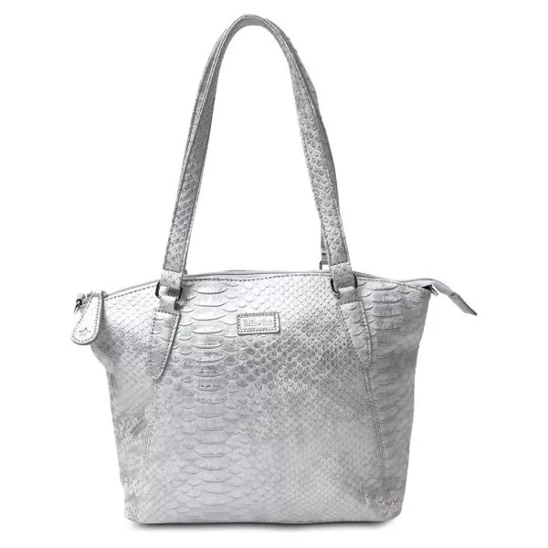 Image is a photgraph of the Samantha Renke handbag in a metallic silver, textured, faux-crocodile design, on a white background