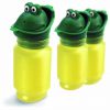 Image is a photograph of three Happy Pees stood upright on a white background