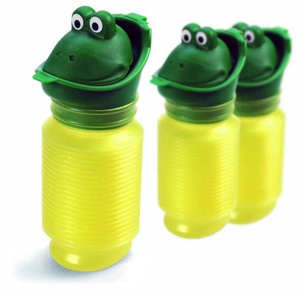 Image is a photograph of three Happy Pees stood upright on a white background