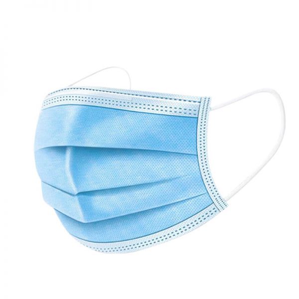 Image is a photograph of a blue medical face mask positioned as if worn over the face