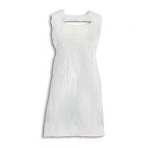 Image is a photograph of a white, polythene apron displayed as if fitted around someone's body