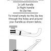 Image shows basic instructions for the Tru Grip, with illustrations on how to install. Text reads: "Tru please go to www.truregard.com for installation instructions video. 1 x left handle 1 x right handle 6 x zip ties. To install simply tie the zip ties through the holes and around your handle as shown below. If you need special assistance please email connormj@truregard.com"
