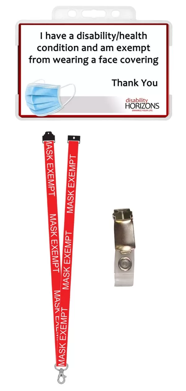 Image shows a clear, plastic ID card holder with a plastic ID card inside, alongside a red lanyard with "MASK EXEMPT" written in white, and a badge clip. The text on the ID card reads: "I have a disability/health condition and am exempt from wearing a face covering. Thank you"
