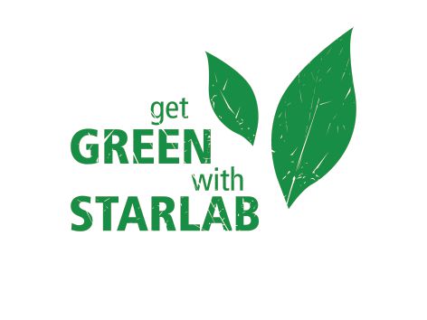 Image is an illustration of two green leaves, with green text which reads : "get GREEN with STARLAB"