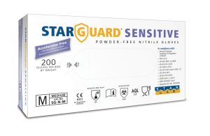Image is a photograph if the packaging for the Starguard Nitrile Gloves for Sensitive Skin