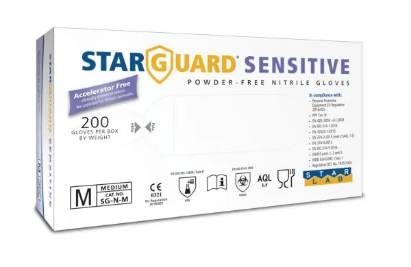 Image is a photograph if the packaging for the Starguard Nitrile Gloves for Sensitive Skin