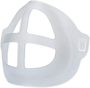 Image is a semi-opaque, white plastic breathing frame for wearing inside a face mask
