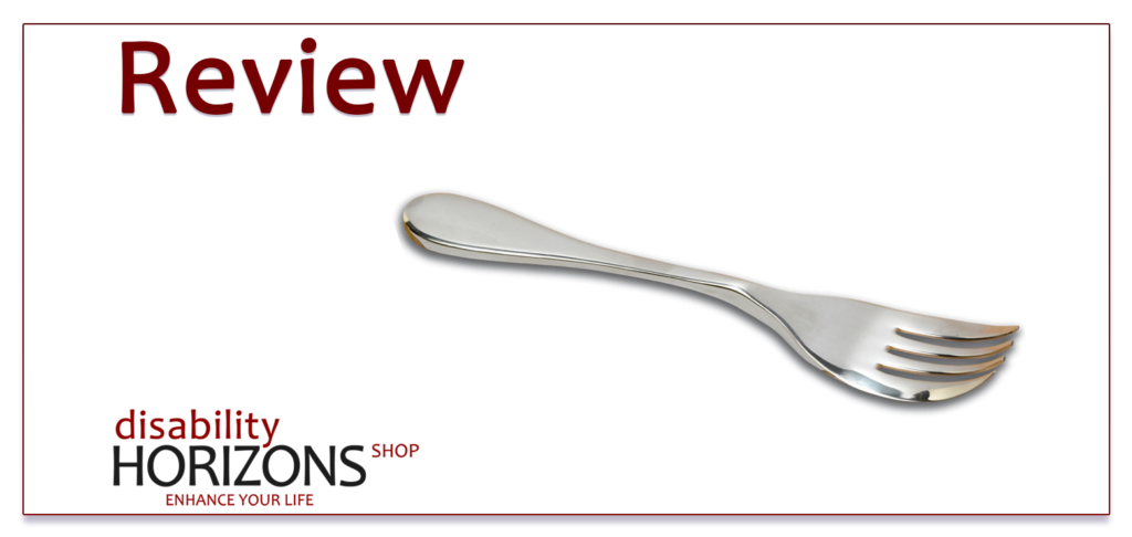 Images features dark red text to the top left which reads "Review" and below to the bottom left is the Disability Horizons shop logo. To the right is a photograph of the Knork knife and fork in one.