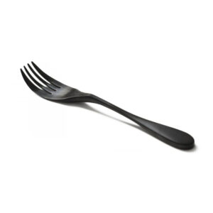 Image is a photograph of a Knork knife and fork in one, with a matt black titanium finish