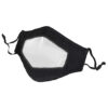 Image is a photograph of a black fabric face mask with a transparent, plastic panel over the mouth area suitable for lip reading