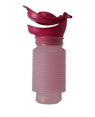 Image is a photograph of a Uriwell portable urinal in pink, on a white background