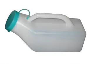 White portable urinal bottle with a green lid and a handle