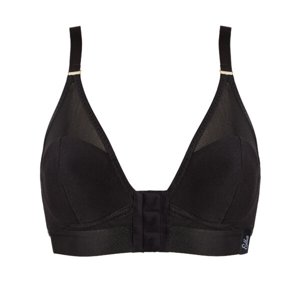 Image is a photograph of the Elba London front-fastening, magnetic bra in a classic, stylish black and mesh design.