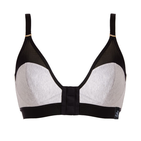 Image is a photograph of the Elba London front-fastening, magnetic bra in a sporty, contemporary grey marl and black mesh design.