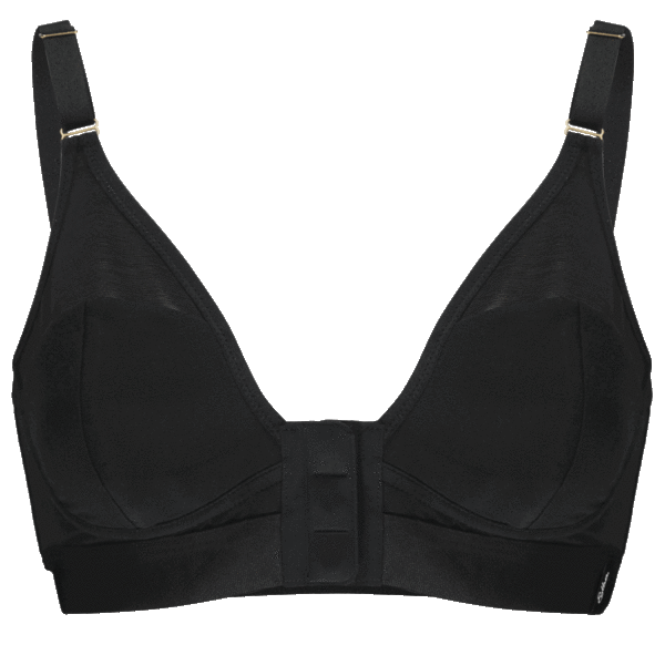 Image is an animated gif, which shows how the front-fastening magnets work on the Elba London adaptive bra in black