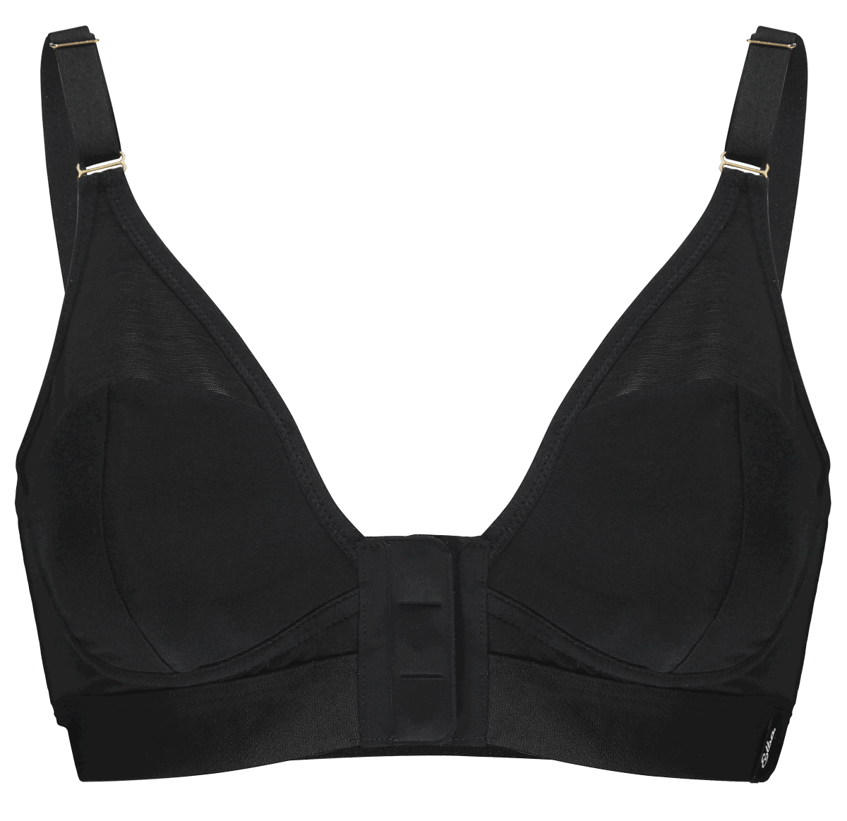 Image is an animated gif, which shows how the front-fastening magnets work on the Elba London adaptive bra in black