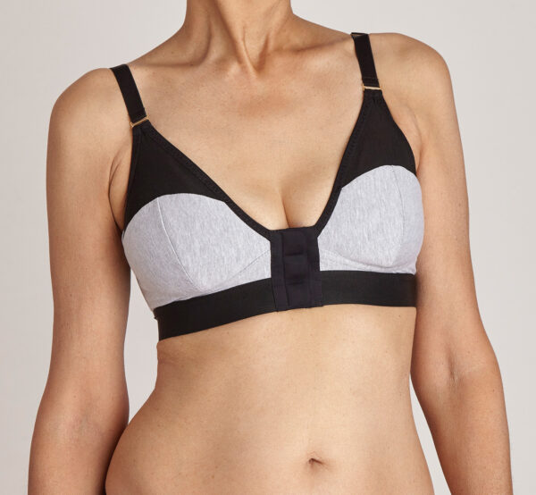 Image is a photograph of a lady wearing a marl earl grey Elba London front-fastening bra