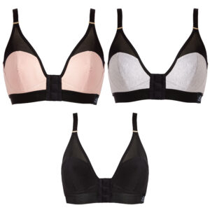 Image is a photograph of three styles of the Elba London adaptive, magnetic, front-fastening bras, including 'blush', 'earl grey' and black.