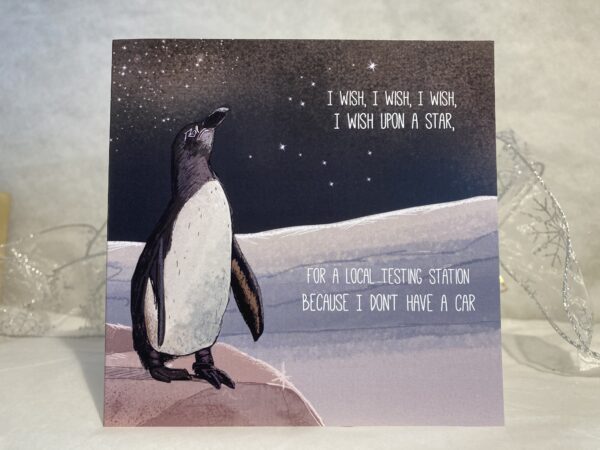 Image is a photograph of the front of a humorous penguin art christmas card. Features a painted penguin with a sorrowful look upon his face, staring up to the night sky. Text reads "I wish, I wish, I wish. I wish upon a star, for a local testing station because I don't have a car"
