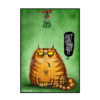 Image is an illustrated Christmas card with a bold, green background, featuring a ginger tabby cat with an irksome expression on its face, sat beneath some mistletoe. From a speech bubble the cat is saying "Don't even think about it"