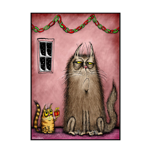 Image is an illustrated Christmas card showing a small, innocent-looking cat handing upwards a beautifully wrapped gift to a large, grumpy cat with a questioning expression on their face.